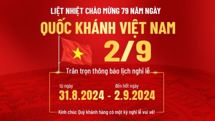 Template Thông Báo Lịch Nghỉ Quốc Khánh 2/9 PSD năm 2024 với nền đỏ sao vàng và họa tiết trống đồng