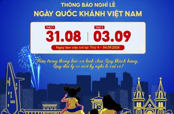 Template Thông Báo Lịch Nghỉ Lễ Quốc Khánh 2/9 PSD năm 2024 với hình ảnh gia đình và thành phố