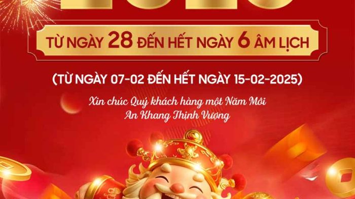 Template Lịch Thông Báo Nghỉ Tết Nguyên Đán PSD khổ dọc với Thần Tài, pháo hoa và lời chúc
