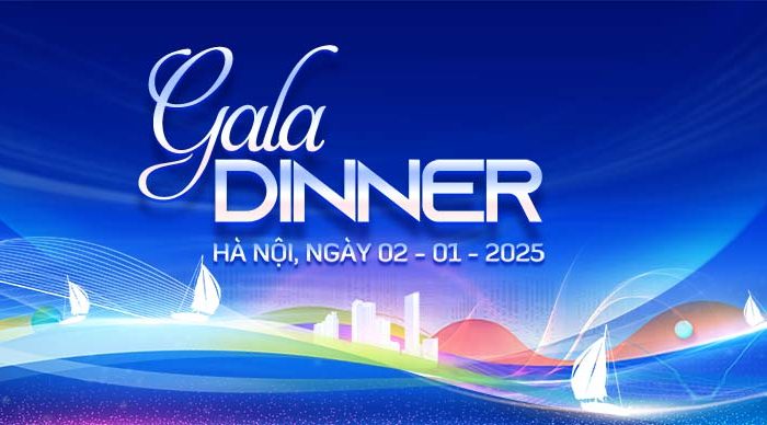 Mẫu Background Gala Dinner PSD sang trọng, hiện đại với tông màu xanh dương và hiệu ứng ánh sáng lấp lánh, phù hợp cho các sự kiện cuối năm của doanh nghiệp.