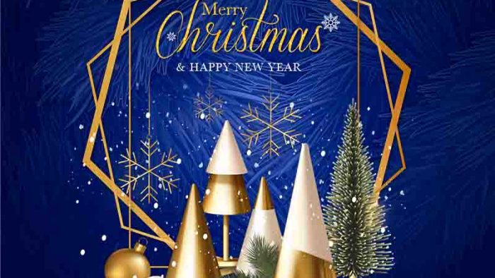 Mẫu Template Background Giáng Sinh PSD khổ vuông với tông màu xanh dương, cây thông và bông tuyết vàng kim, mang phong cách hiện đại, sang trọng.