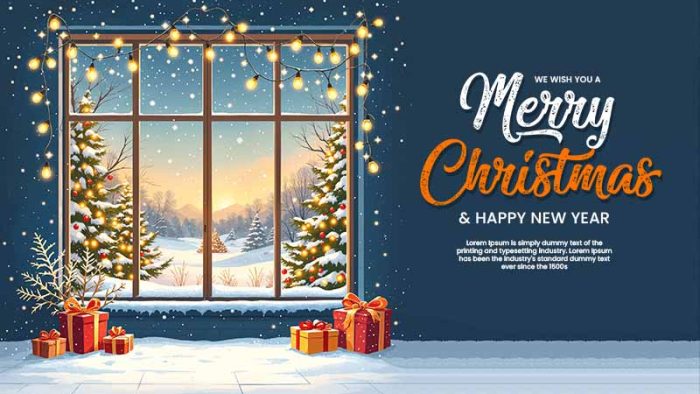 Mẫu Template Background Merry Christmas PSD khổ ngang với khung cửa sổ, cây thông và các hộp quà, mang không khí ấm áp và lãng mạn.