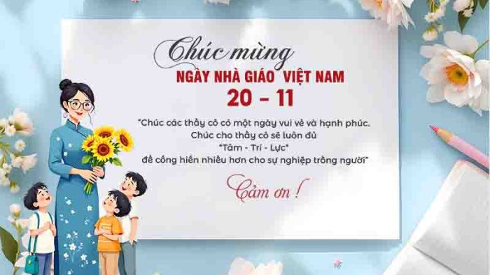 Mẫu Template Background Ngày Nhà Giáo PSD khổ ngang với hình ảnh cô giáo, học sinh và hoa hướng dương, mang không khí tri ân ấm áp.