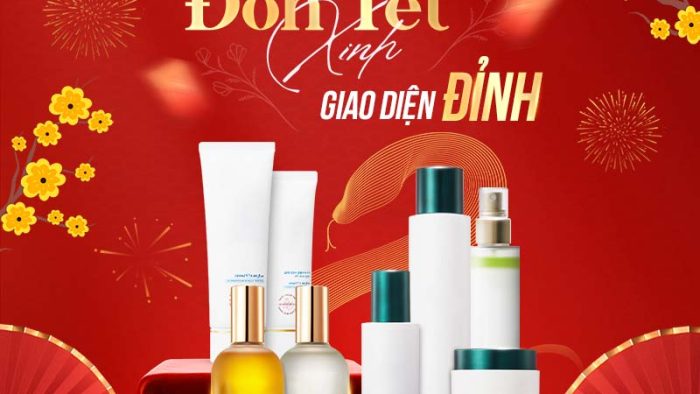 Mẫu Template Banner Khổ Ngang Quảng Cáo Tết Mỹ Phẩm PSD. Sản phẩm trên bục nhung đỏ, pháo hoa và hoa mai vàng tạo không khí Tết rực rỡ và sang trọng.