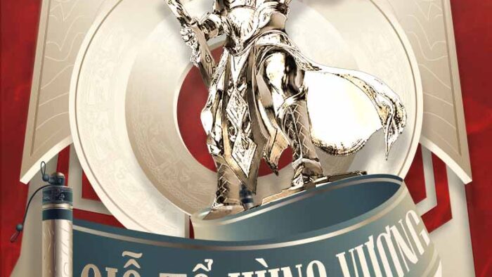 Mẫu Template Lịch Thông Báo Giỗ Tổ Hùng Vương PSD khổ dọc với hình ảnh vị anh hùng dân tộc, tông màu đỏ vàng và các họa tiết cổ truyền.