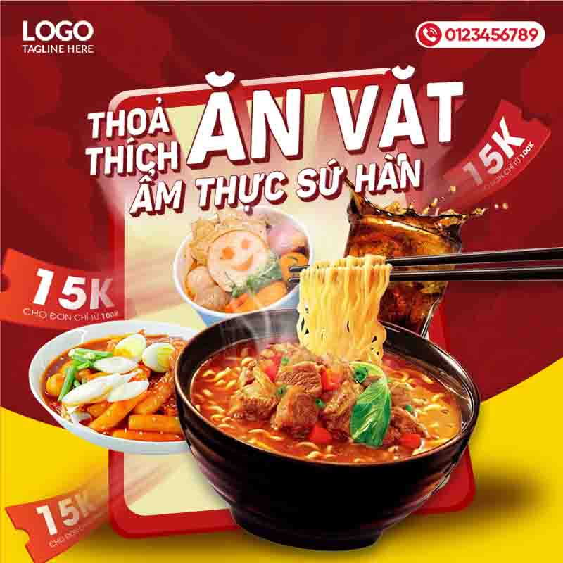 Template Poster Ẩm Thực Hàn Quốc PSD: Mẫu Quảng Cáo Đồ Ăn Vặt, Khổ Vuông 2 Mẫu Template Poster Ẩm Thực Hàn Quốc PSD khổ vuông với các món ăn đặc trưng như mì và tokbokki, thông điệp "Ăn Vặt" và phong cách thiết kế sống động.