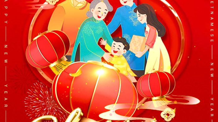 Mẫu Template Poster Chúc Mừng Năm Mới PSD khổ dọc với hình ảnh gia đình ba thế hệ, lồng đèn và hoa mai, mang đậm phong cách truyền thống và ấm áp.