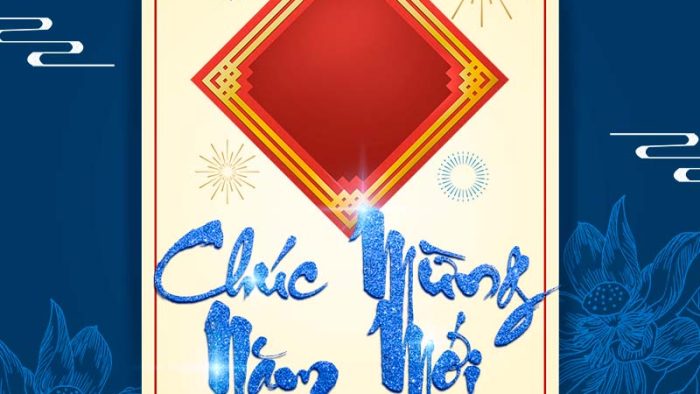 Mẫu Template Poster Chúc Mừng Năm Mới PSD khổ dọc với tông màu xanh dương, hoa sen và cá chép, mang phong cách hiện đại, thanh lịch.