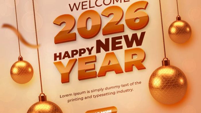 Mẫu Template Poster Chúc Mừng Năm Mới PSD khổ vuông với tông màu vàng kim, quả cầu và ngôi sao trang trí, mang không khí sang trọng.