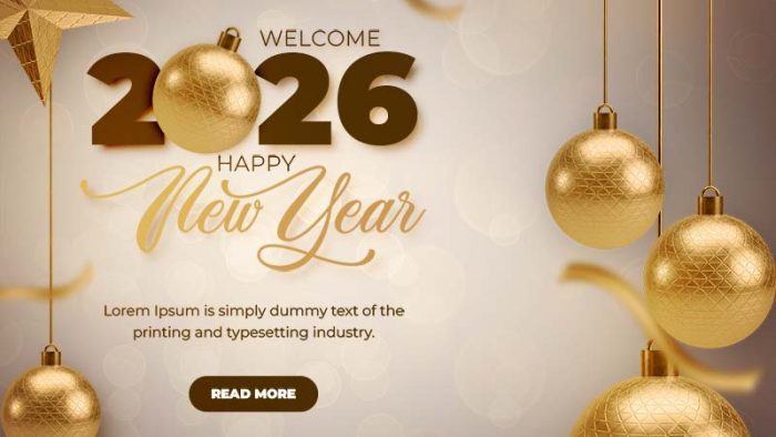 Mẫu Template Poster Chúc Mừng Năm Mới PSD khổ vuông với tông màu vàng kim, quả cầu và ngôi sao trang trí, mang không khí sang trọng.