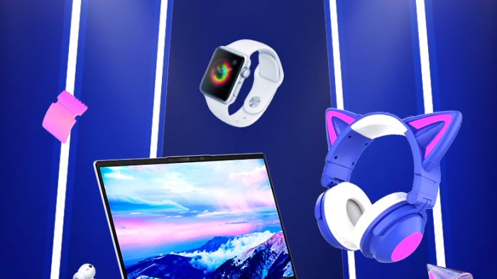 Mẫu Template Poster Flash Sale Công Nghệ PSD khổ dọc với các sản phẩm điện tử, ánh sáng neon và thông điệp giảm giá hấp dẫn.