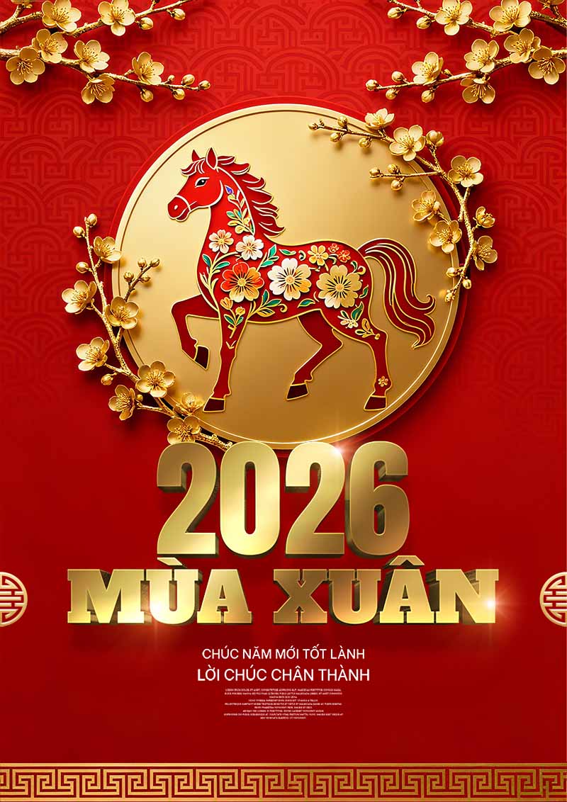 Poster Linh Vật Ngựa Và Hoa Mai Vàng PSD Đẳng Cấp 2 Mẫu thiết kế Poster linh vật ngựa vàng 3D và hoa mai vàng rực rỡ định dạng PSD mang phong cách sang trọng, đại cát đại lợi.