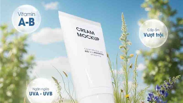 Mẫu Template Poster Mỹ Phẩm PSD khổ dọc với sản phẩm mỹ phẩm trên bệ đá, bao quanh bởi cây cỏ, hoa dại, mang không khí tươi mới, tự nhiên.