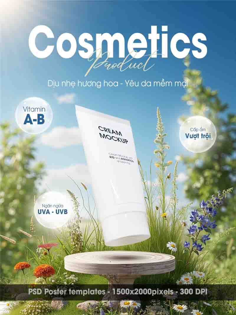 Template Poster Mỹ Phẩm PSD: Mẫu Thiết Kế Chăm Sóc Da Tự Nhiên, Khổ Dọc 2 Mẫu Template Poster Mỹ Phẩm PSD khổ dọc với sản phẩm mỹ phẩm trên bệ đá, bao quanh bởi cây cỏ, hoa dại, mang không khí tươi mới, tự nhiên.