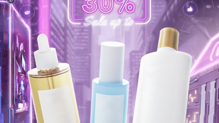 Mẫu Template Poster Ngày Đôi Ưu Đãi PSD khổ dọc với các sản phẩm mỹ phẩm, voucher giảm giá và thông điệp siêu deal hấp dẫn.