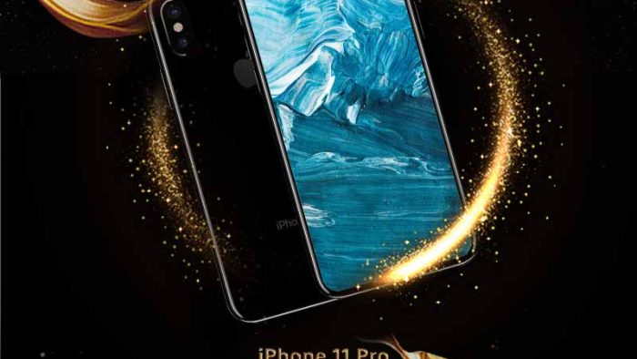 Mẫu Template Poster Ra Mắt Điện Thoại PSD khổ dọc với hình ảnh điện thoại, dải ruy băng và ánh sáng vàng kim lấp lánh.