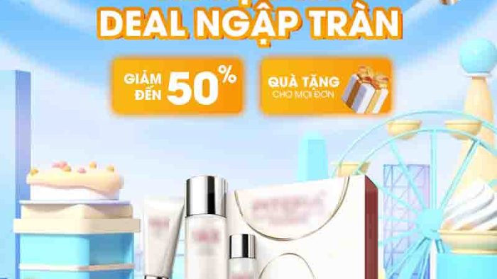 Mẫu Template Poster Sale Mỹ Phẩm Hè PSD khổ vuông với các sản phẩm mỹ phẩm, thông điệp giảm giá và bối cảnh mùa hè tươi sáng.