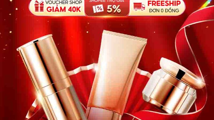 Mẫu Template Poster Sale Mỹ Phẩm PSD khổ dọc với các sản phẩm mỹ phẩm, voucher giảm giá và thông điệp sale hoành tráng.