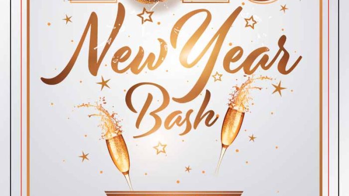 Mẫu Template Poster Tiệc Cuối Năm PSD khổ dọc với tông màu vàng kim, quả cầu disco và ly champagne, mang không khí tiệc tùng đẳng cấp.