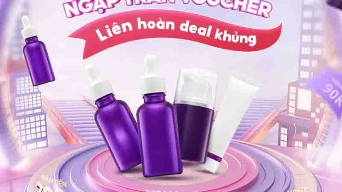 Mẫu Template Poster Ưu Đãi Mỹ Phẩm PSD khổ vuông với các sản phẩm mỹ phẩm, voucher giảm giá và thông điệp sale khủng.