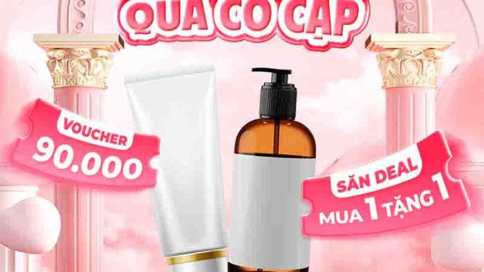 Mẫu Template Poster Ưu Đãi Mỹ Phẩm PSD khổ vuông với các sản phẩm mỹ phẩm, voucher giảm giá và thông điệp "Mua 1 Tặng 1" hấp dẫn.