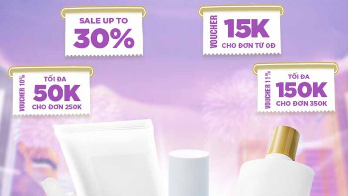 Mẫu Template Poster Ưu Đãi Tết PSD khổ dọc với các sản phẩm skincare, voucher khuyến mãi và thông điệp giảm giá hấp dẫn.