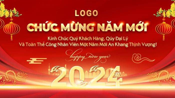 Template Background Chúc Mừng Năm Mới PSD khổ ngang với phông nền đỏ vàng, lồng đèn, hoa mai và rồng vàng.