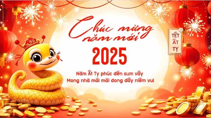 Template Background Chúc Mừng Năm Mới PSD khổ ngang với linh vật rắn đáng yêu, tiền vàng, pháo hoa và lồng đèn.