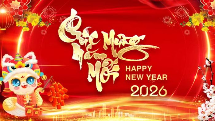 Template Background Chúc Mừng Năm Mới PSD khổ ngang với múa lân, pháo hoa, chữ "Chúc Mừng Năm Mới" và phông nền đỏ vàng.