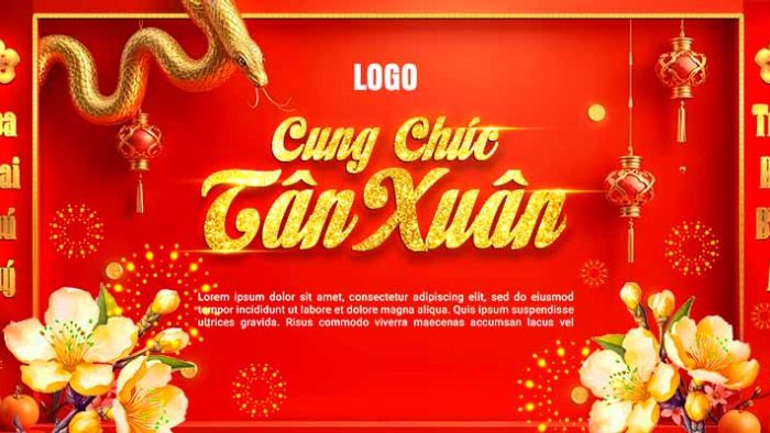 Template Background Cung Chúc Tân Xuân PSD khổ ngang với linh vật rắn vàng, hoa mai, đèn lồng và chữ thư pháp "Cung Chúc Tân Xuân".
