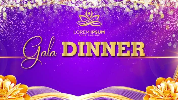 Template Background Gala Dinner PSD khổ ngang với phông nền tím, hoa sen vàng, chữ "Gala DINNER" vàng kim và hiệu ứng lấp lánh.