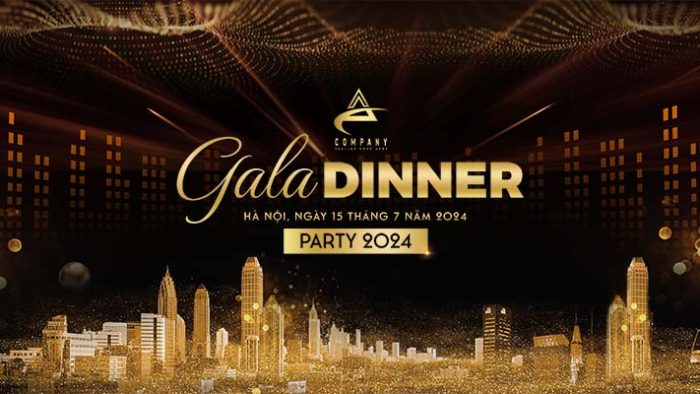 Template Background Gala Dinner PSD khổ ngang với khung cảnh thành phố vàng kim, chữ "Gala DINNER" và hiệu ứng ánh sáng lấp lánh.