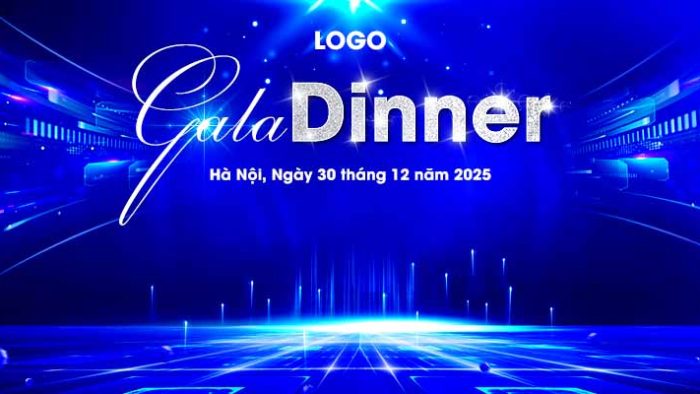 Template Background Gala Dinner PSD khổ ngang với phông nền ánh sáng xanh, chữ "Gala DINNER" và logo.