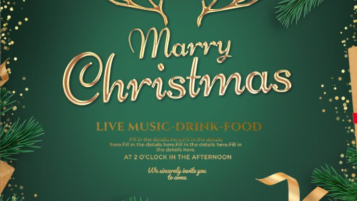 Template Background Giáng Sinh PSD khổ dọc với phông nền xanh lục, chữ "Merry Christmas" vàng kim và hộp quà sang trọng.