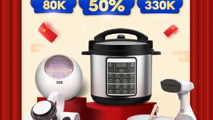 Template Background Khuyến Mãi Tết PSD khổ dọc với các sản phẩm gia dụng, voucher, flashsale và hoa mai.