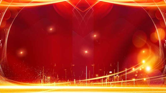 Template Background Sự Kiện PSD khổ ngang với ánh sáng vàng kim, nền đỏ và khung cảnh thành phố hiện đại.