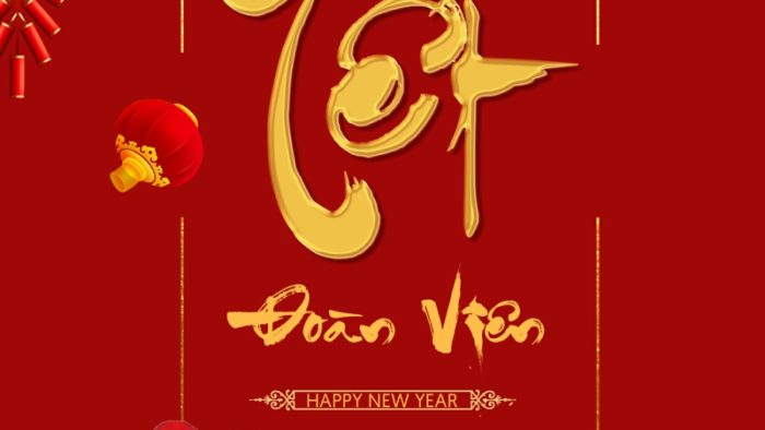 Template Background Tết PSD khổ dọc chủ đề Đoàn Viên với hình ảnh gia đình sum vầy, lồng đèn đỏ và hoa mai.