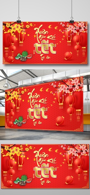 Template Background Tết PSD: Phông Nền Đỏ Vàng, Lồng Đèn, Hoa Mai Khổ Ngang 2 Template Background Tết PSD khổ ngang với lồng đèn đỏ và hoa mai vàng