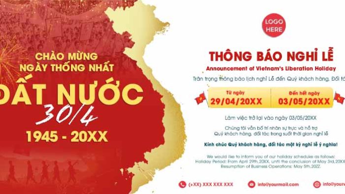 Template Background Thông Báo Nghỉ Lễ 30/4 PSD khổ ngang với bản đồ Việt Nam, lịch nghỉ rõ ràng và lời chúc trang trọng.