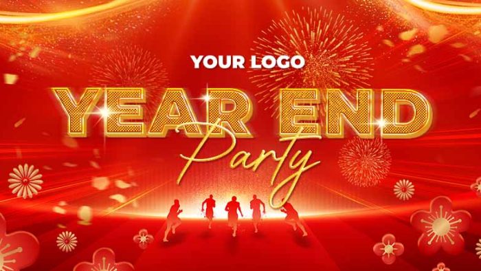 Template Background Year End Party PSD khổ ngang với chữ 3D vàng kim, pháo hoa, hoa mai và hình bóng những người đang chạy.