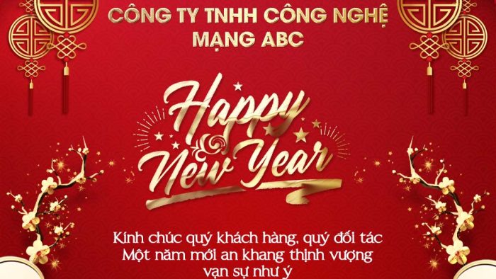 Template Chúc Tết Doanh Nghiệp PSD khổ vuông với lời chúc Happy New Year, hoa mai, đèn lồng và phông nền đỏ vàng.
