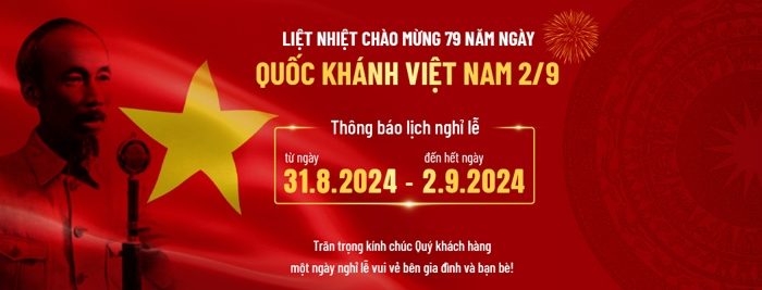Template Thông Báo Lịch Nghỉ Lễ Quốc Khánh Việt Nam 2/9 PSD với hình ảnh Bác Hồ và lá cờ