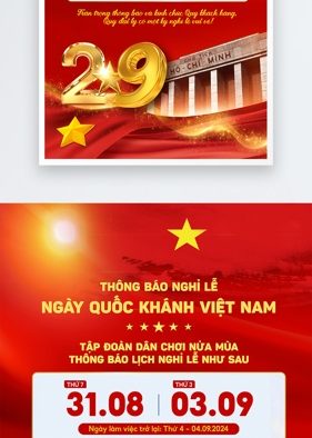 Template Thông Báo Lịch Nghỉ Quốc Khánh 2/9 PSD khổ dọc với nền đỏ, sao vàng và chim bồ câu hòa bình