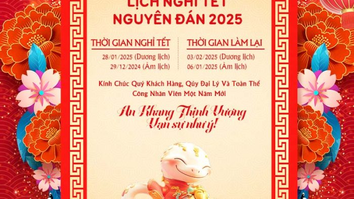 Template Lịch Nghỉ Tết PSD khổ dọc với thông báo lịch nghỉ, linh vật rắn, hoa đào và lồng đèn.