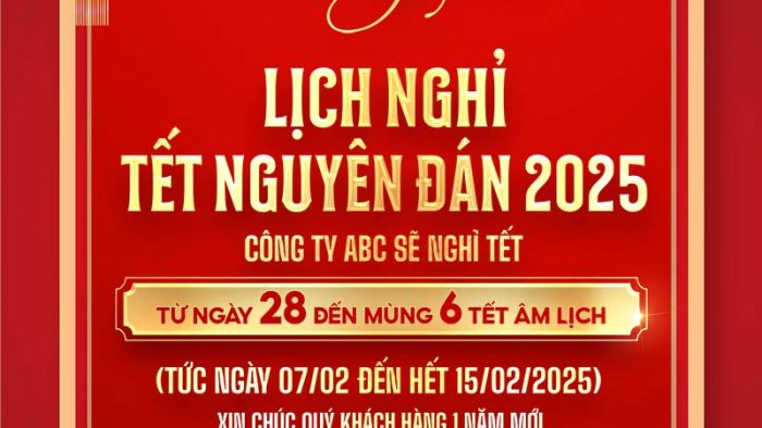 Template Lịch Nghỉ Tết PSD khổ dọc với thông báo lịch nghỉ Tết, chữ "Tết Ất Tỵ" và các thỏi vàng.