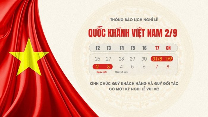 Template Lịch Thông Báo Nghỉ Lễ Quốc Khánh Việt Nam PSD với lá cờ và lịch