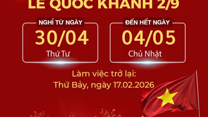 Template Lịch Thông Báo Nghỉ Lễ Quốc Khánh 2/9 PSD với cờ đỏ sao vàng và pháo hoa