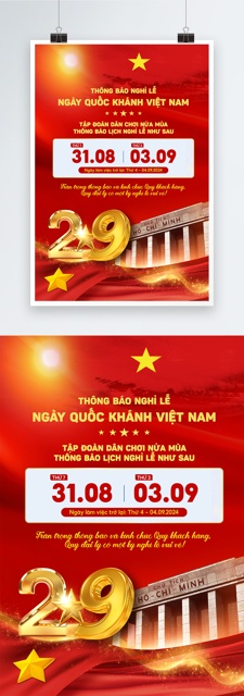 Template Lịch Nghỉ Quốc Khánh 2/9 PSD: Mẫu Khổ Dọc Lịch Sử, Đỏ Sao Vàng Chuyên Nghiệp 2 Template Lịch Thông Báo Nghỉ Lễ Quốc Khánh 2/9 PSD khổ dọc với hình ảnh Lăng Bác và pháo hoa