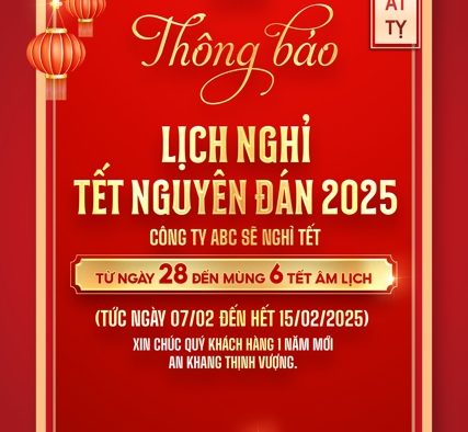 Template Lịch Thông Báo Nghỉ Tết Nguyên Đán PSD khổ dọc với đèn lồng, hoa đào và chữ chúc mừng năm mới