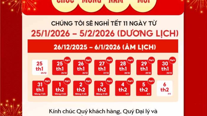 Mẫu Template Lịch Thông Báo Nghỉ Tết PSD khổ dọc với tông màu đỏ, lồng đèn, pháo hoa, mang không khí lễ hội.